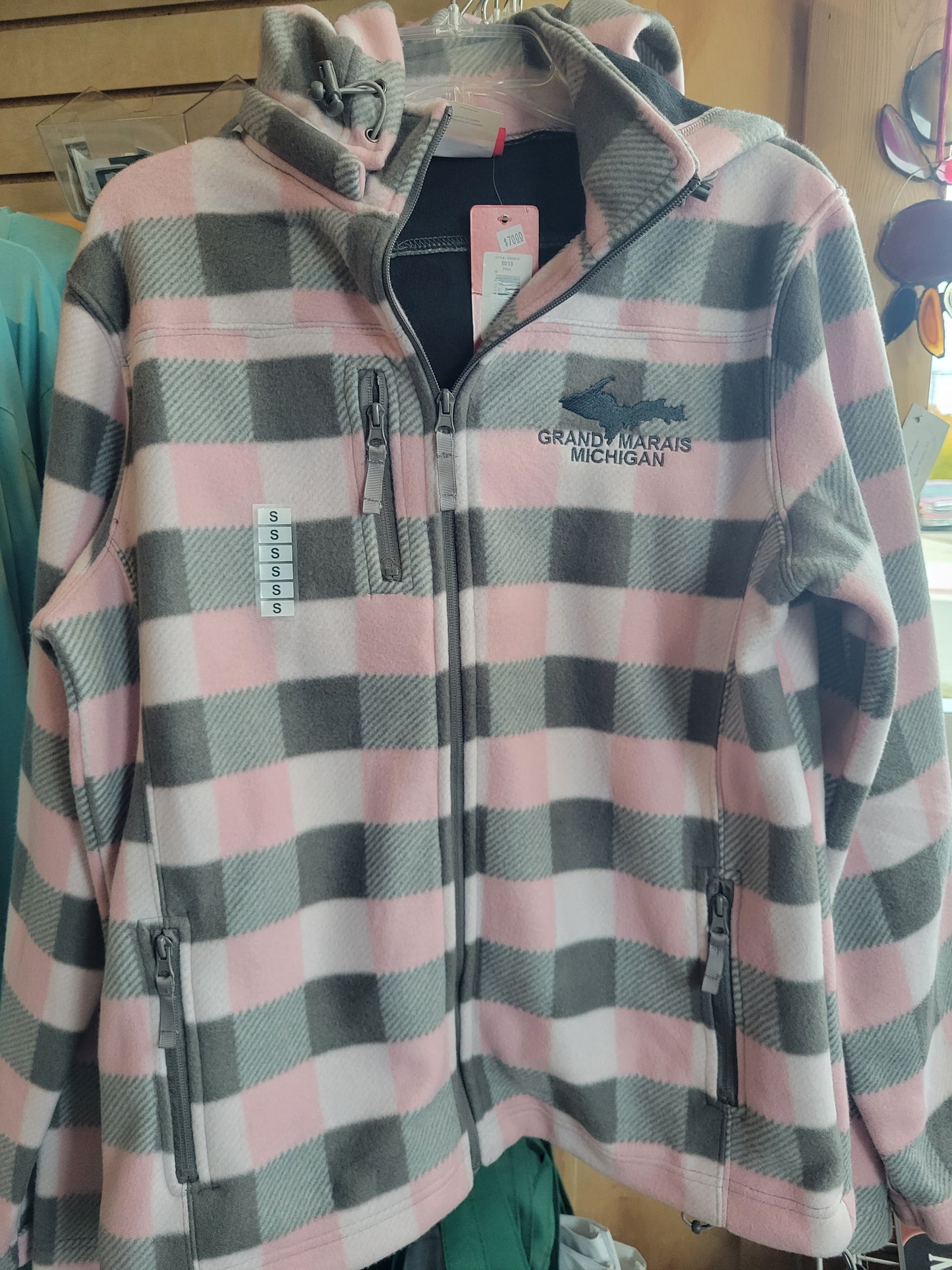Coat - pink and grey plaid with hood