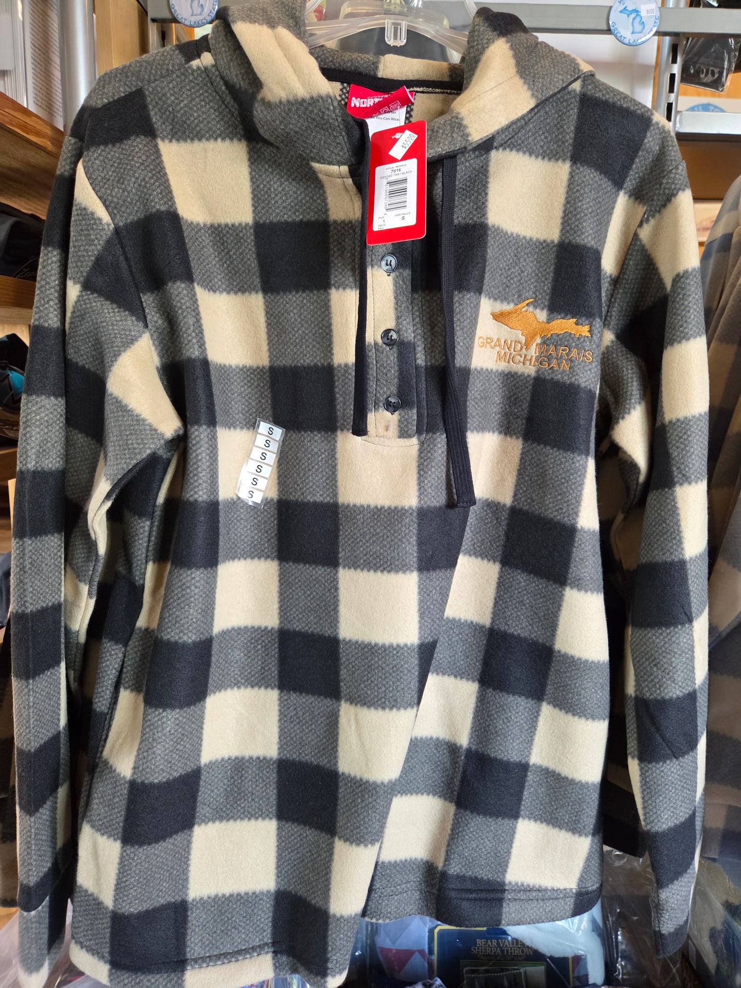 Henley hoodie - blue check or tan black