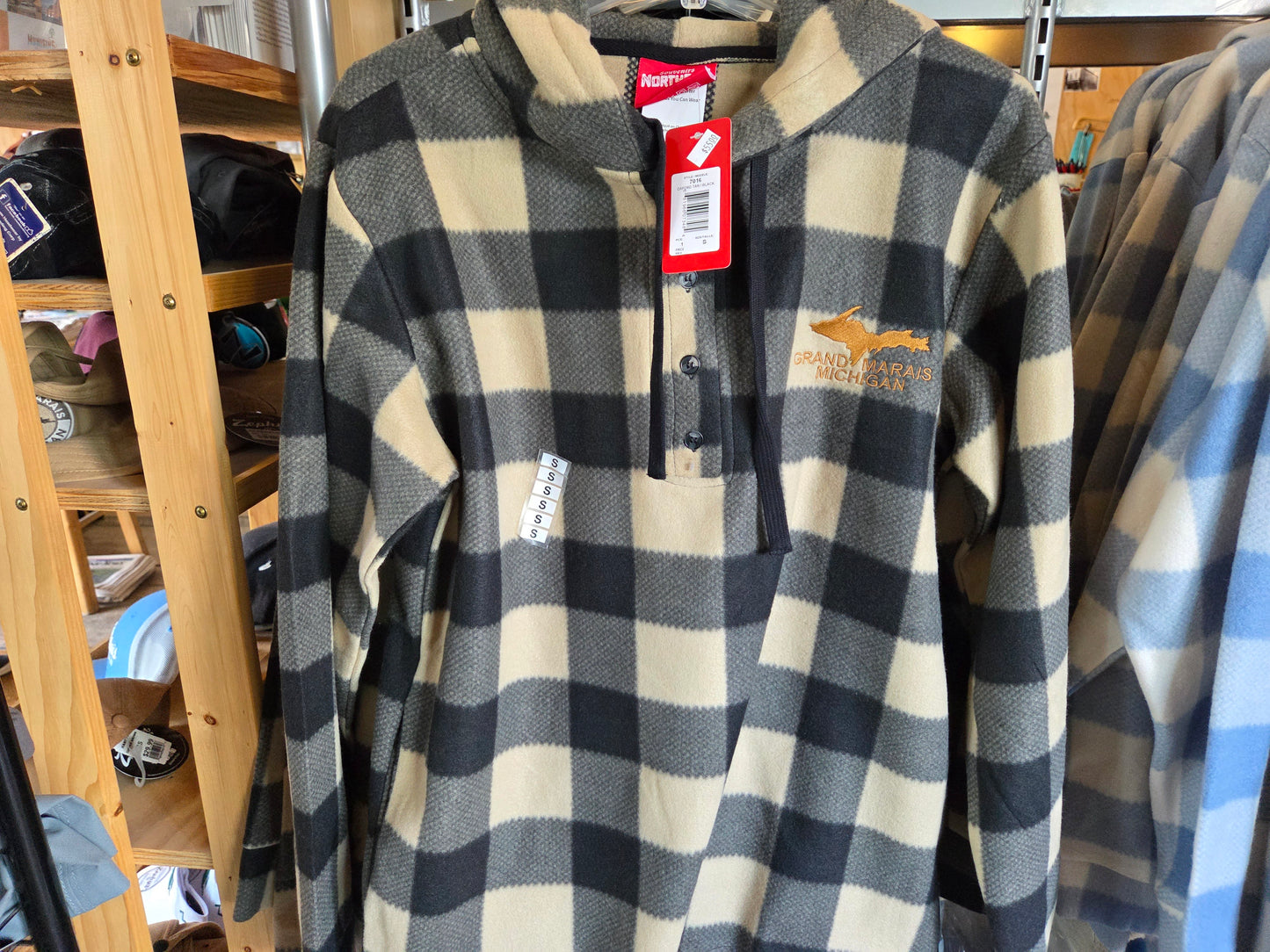Henley hoodie - blue check or tan black