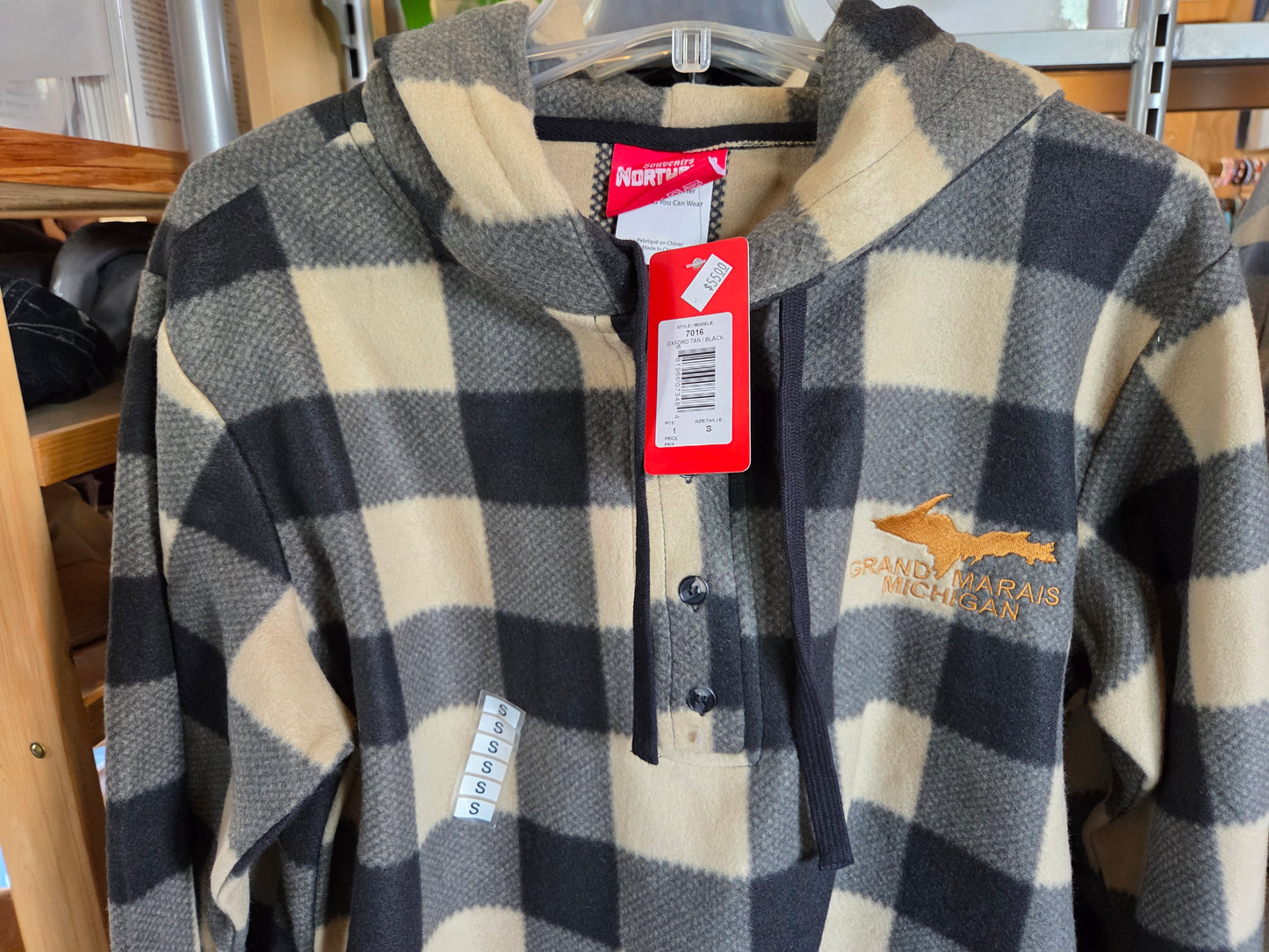Henley hoodie - blue check or tan black