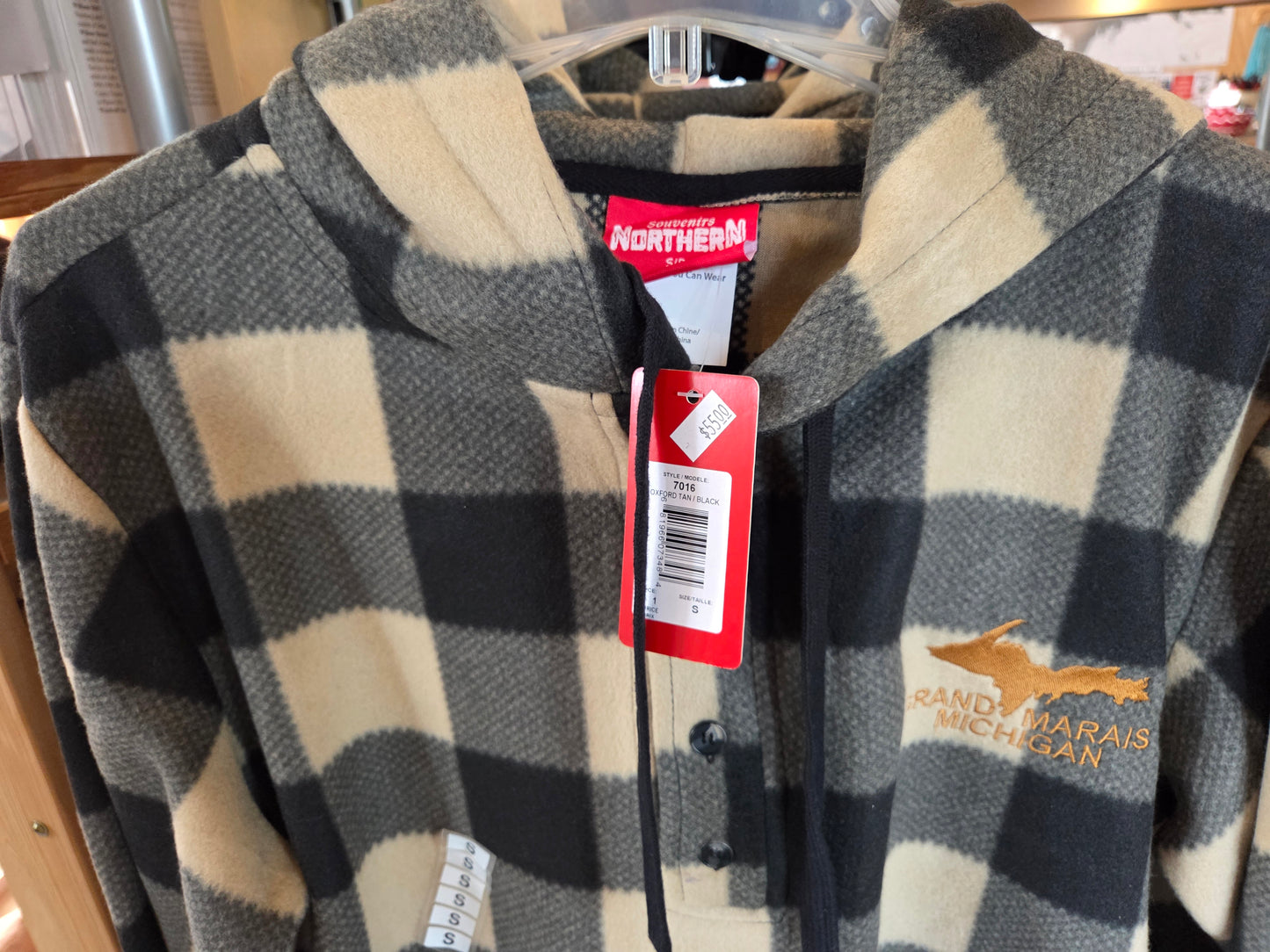Henley hoodie - blue check or tan black