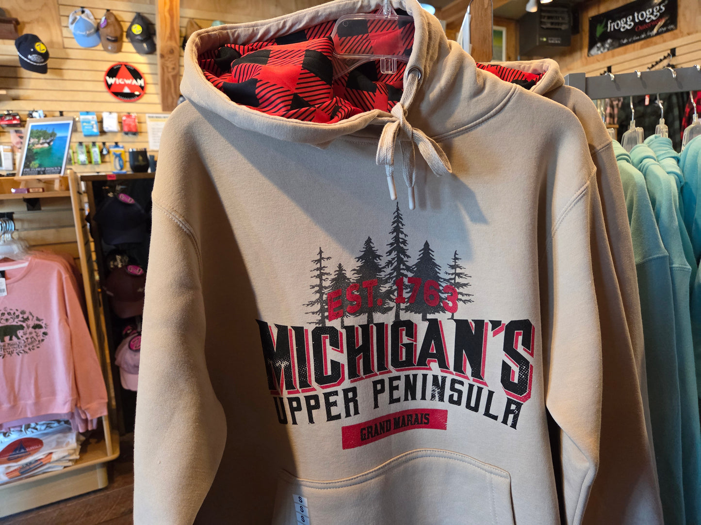 Oatmeal colored hoodie with plaid inside hood
