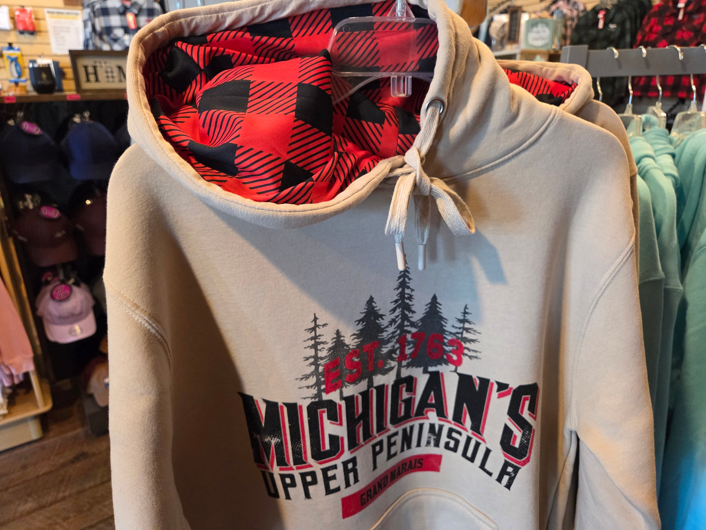 Oatmeal colored hoodie with plaid inside hood