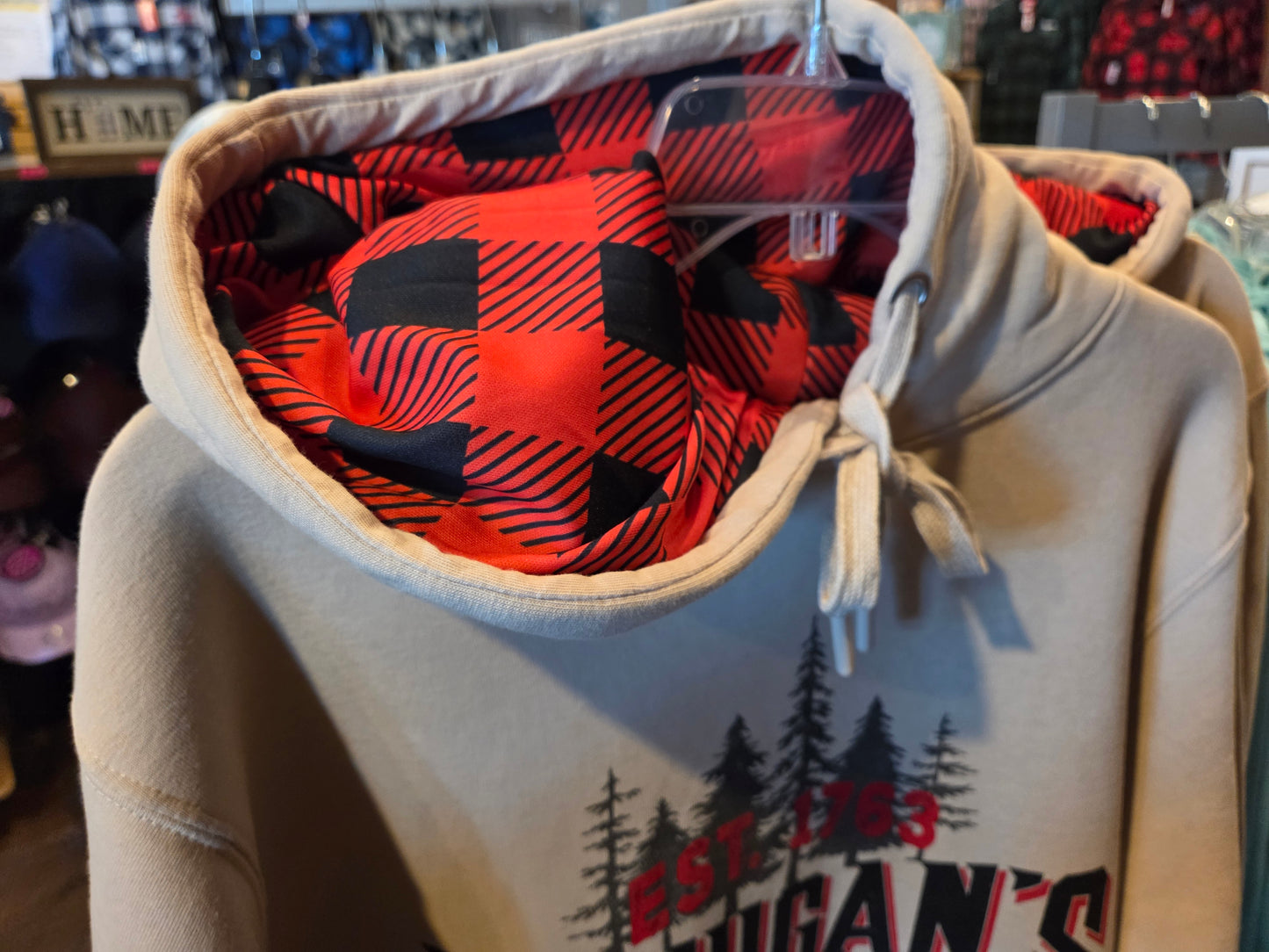 Oatmeal colored hoodie with plaid inside hood