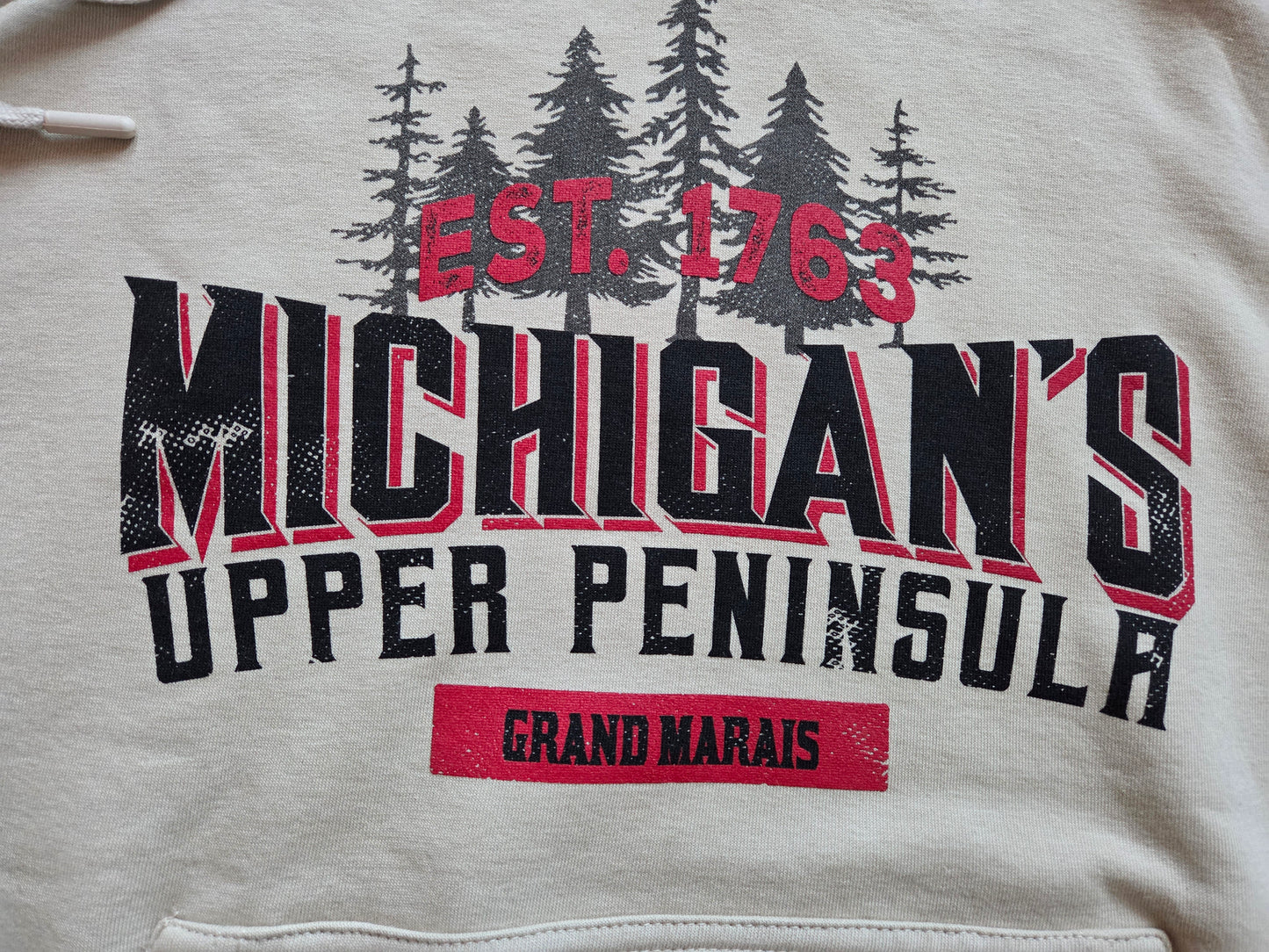 Oatmeal colored hoodie with plaid inside hood