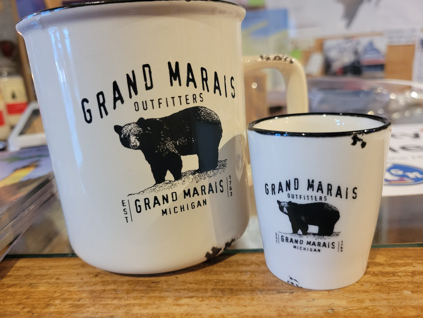 Ceramic shot glass with Grand Marais Bear