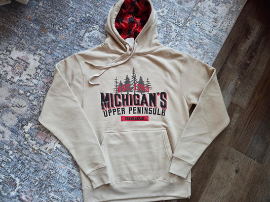 Oatmeal colored hoodie with plaid inside hood