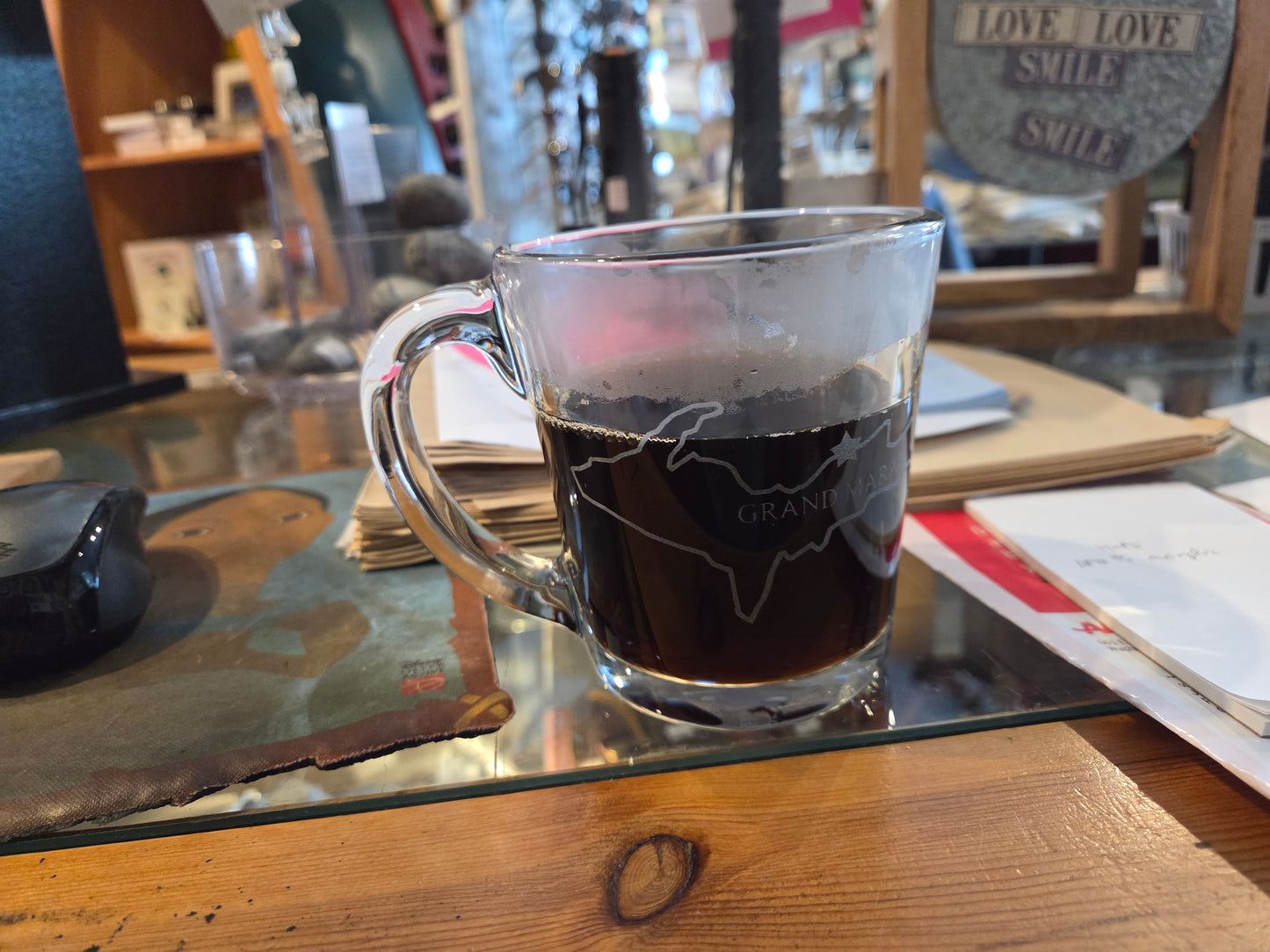 Clear pint glass or coffee mug