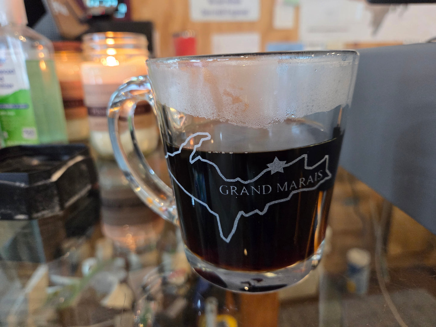 Clear pint glass or coffee mug