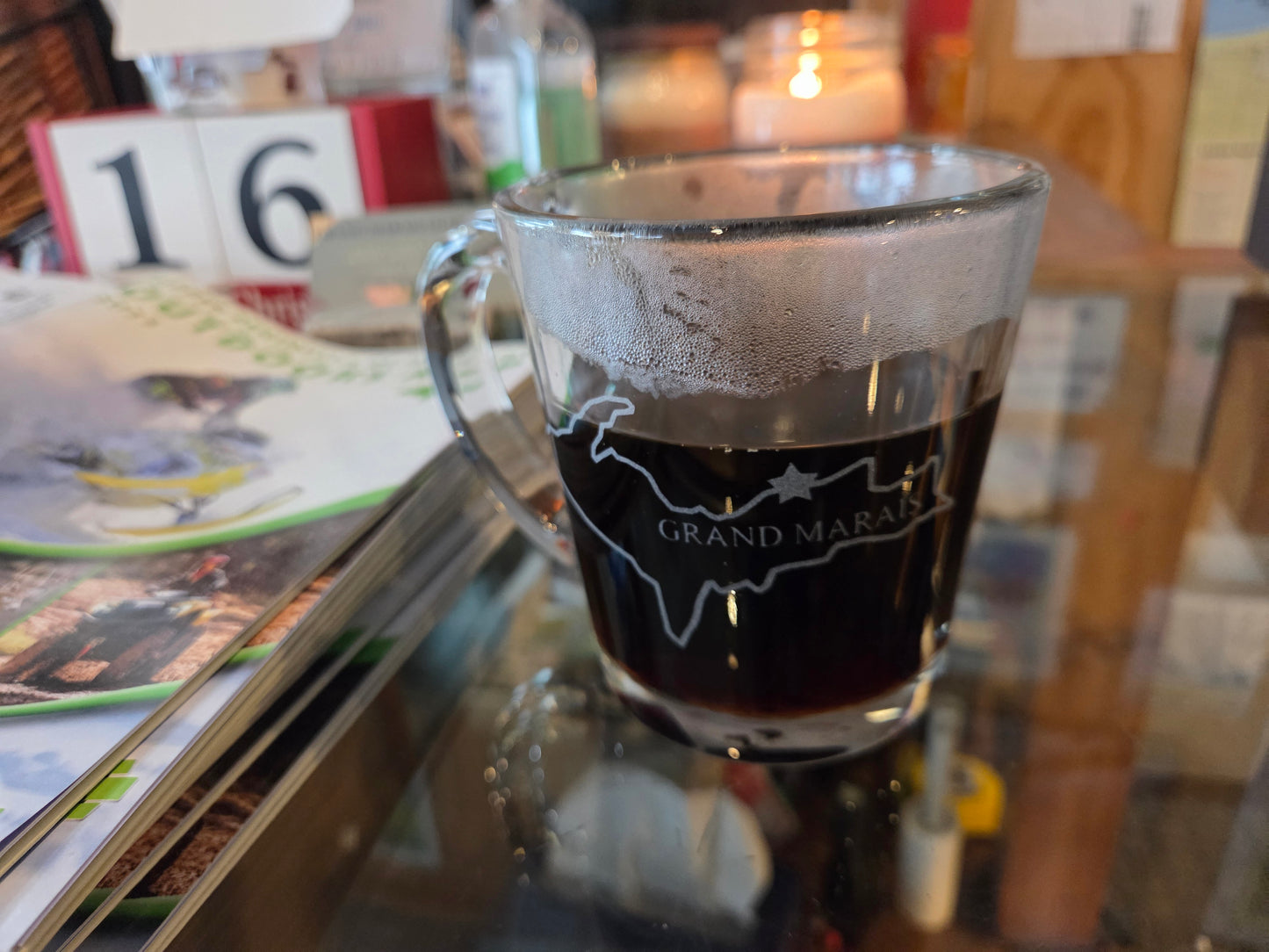 Clear pint glass or coffee mug