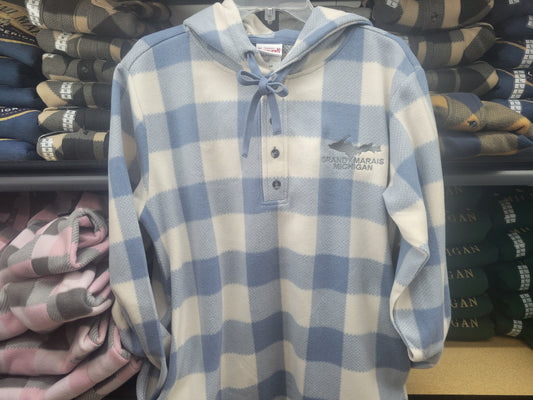 Henley hoodie - blue check or tan black